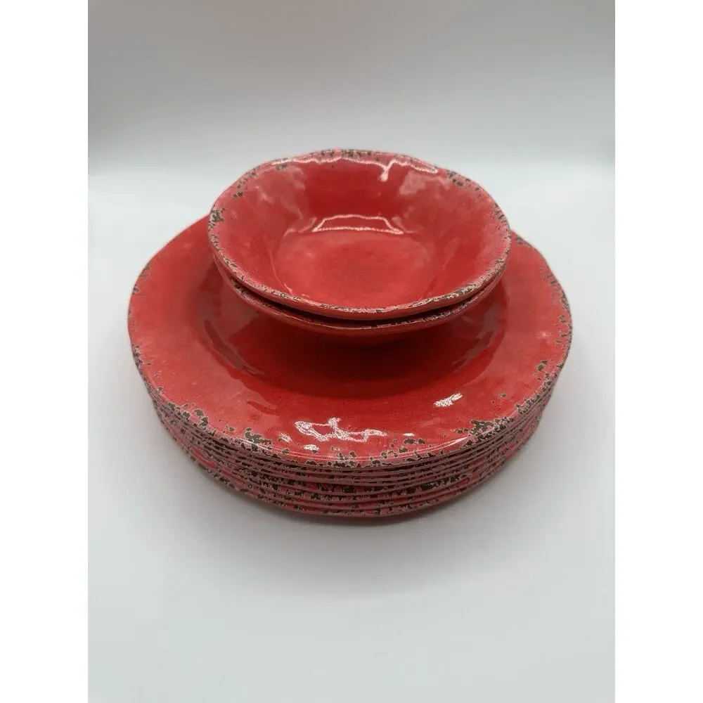 Pier 1 Carmelo Red Melamine Dinnerware Set 10 Pc 11” Plates 7” Bowls Rare